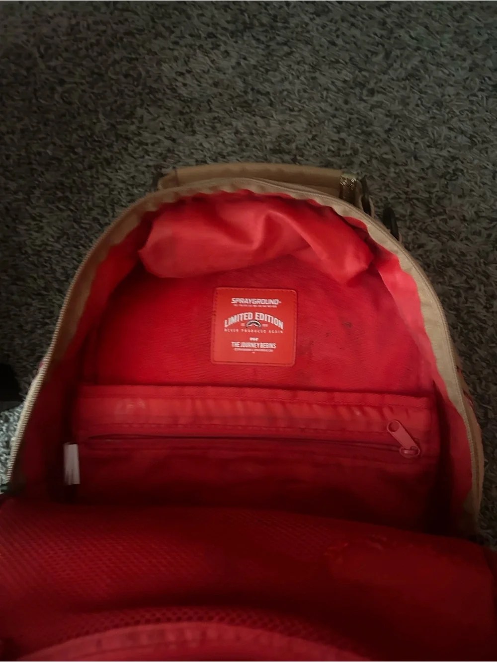 Sprayground Red Patterned Backpack with Tan Accent Panel